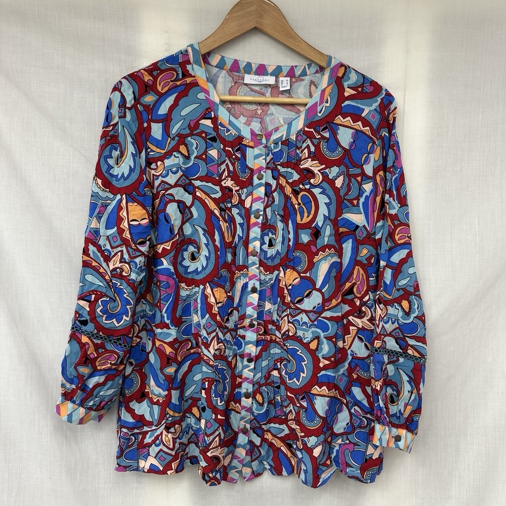 Susan Graver Passport M Medium Rayon Challis Button Front Cardigan Top Colorful‎